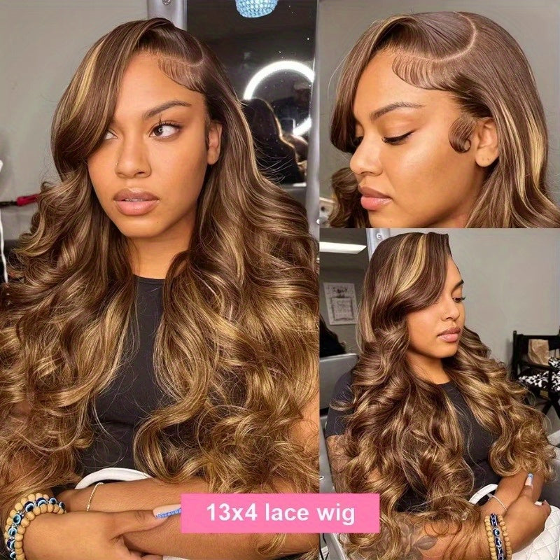 13x4 HD Transparent Lace Front Wig Brazilian Human Hair 4/27 Highlights Body Wave Curls 200% Density Glueless Wig for Women - Suitable for All Ethnicities & Light Beige Tones, Versatile Hairpiece | Elegant Hairpiece | Full Lu